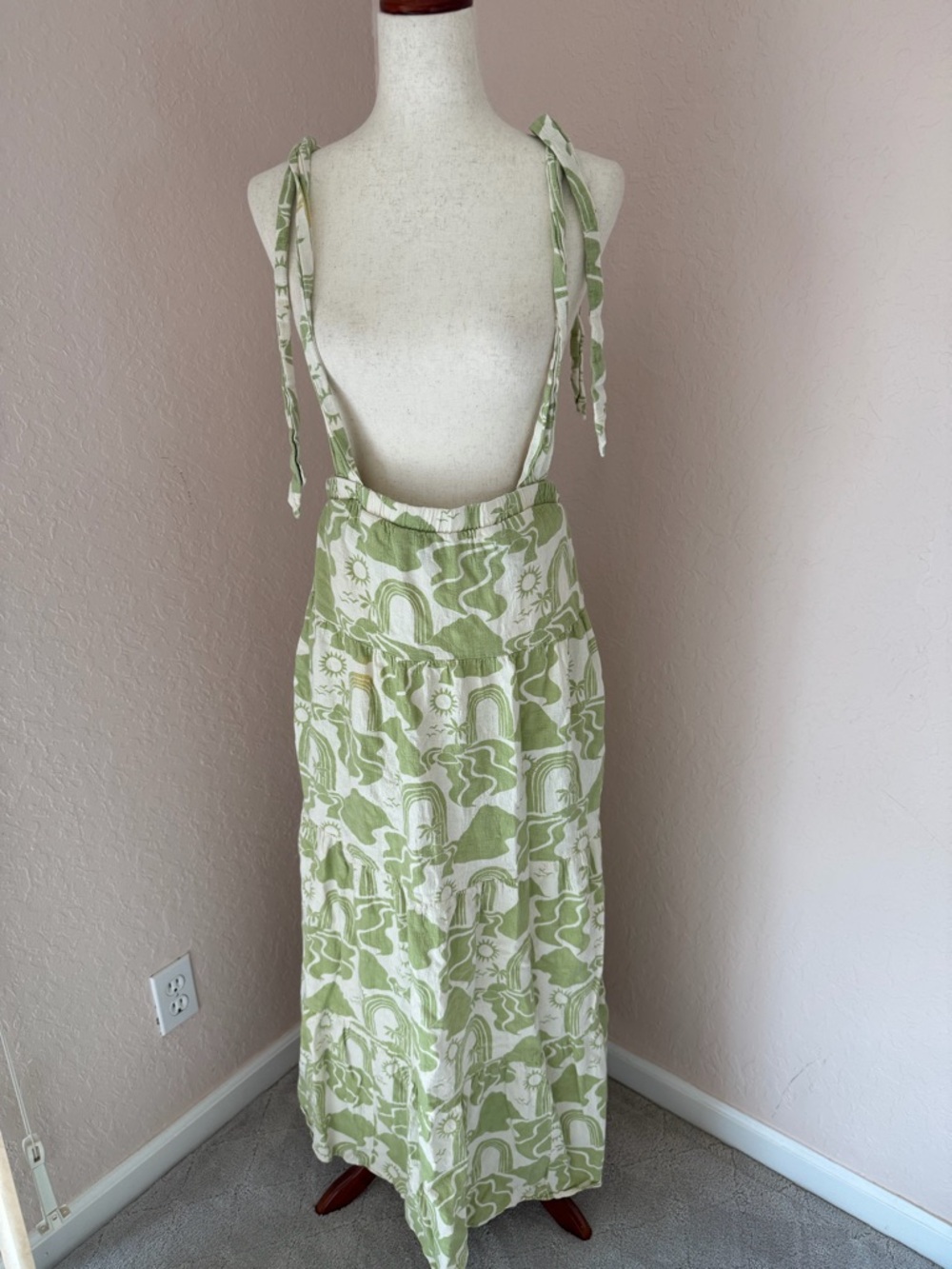 Show Me Your MuMu Green and White Printed maxi skirt with suspender ties s S